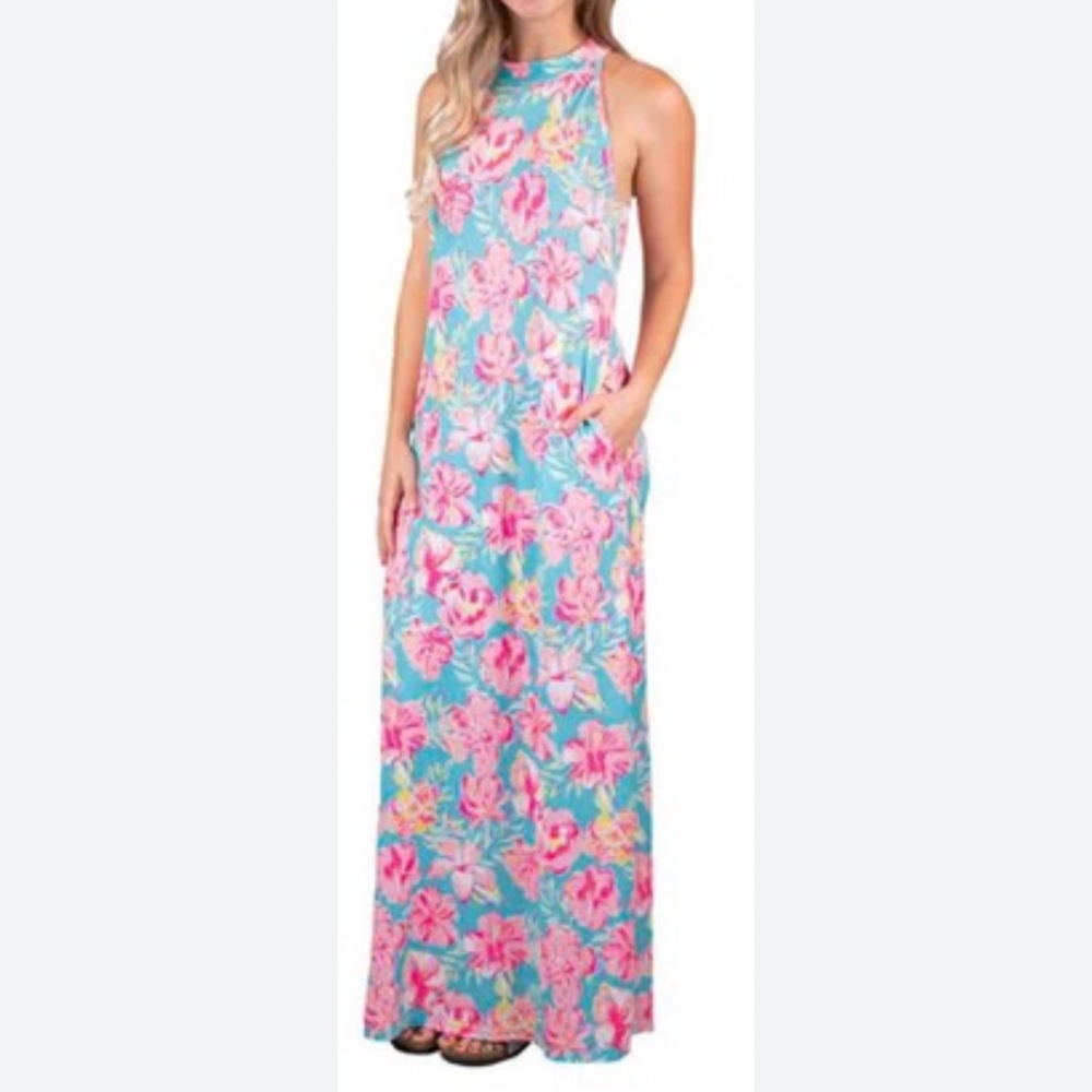 NWT Simply Southern XL Halter Maxi Dress Pink Blue Floral Pockets Tropical Beach